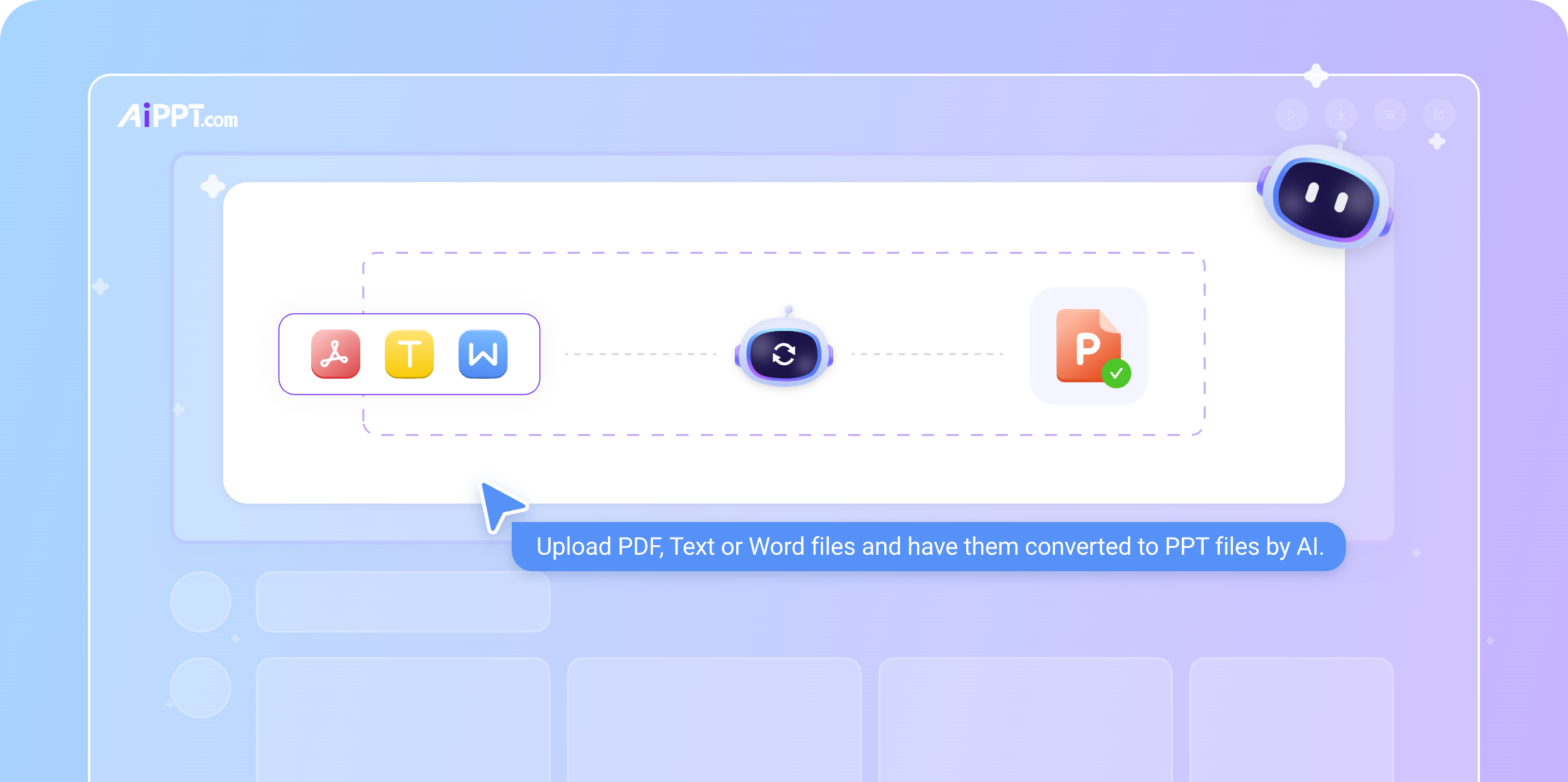 文件转 PPT 工具示意：PDF、TXT、Word 图标经 AI 处理后转为 PPT 文件