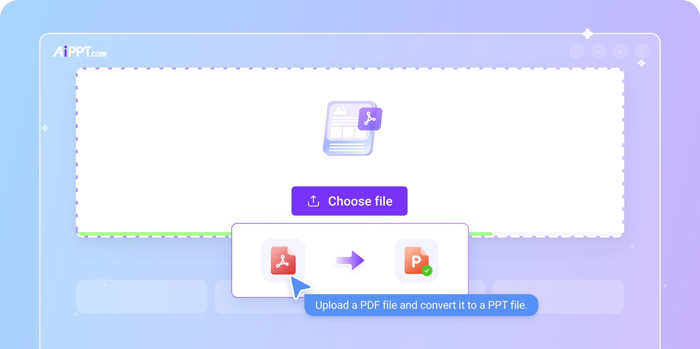 PDF 转 PPT 上传页:Choose file 按钮,PDF 图标转向 PPT 图标的流程示意